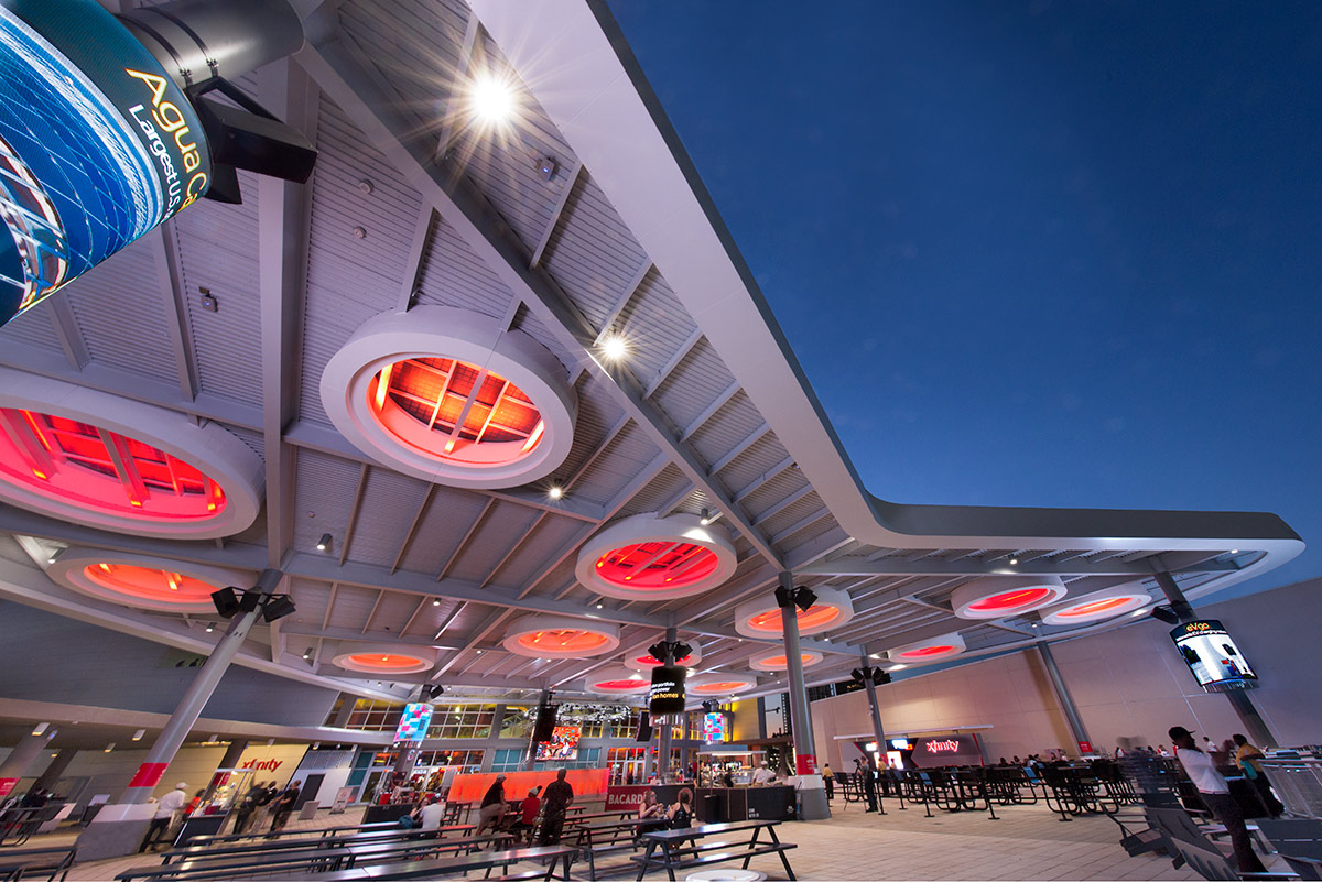 Architectural dusk view of the of the FTX Arena terrace in Miami, FL.